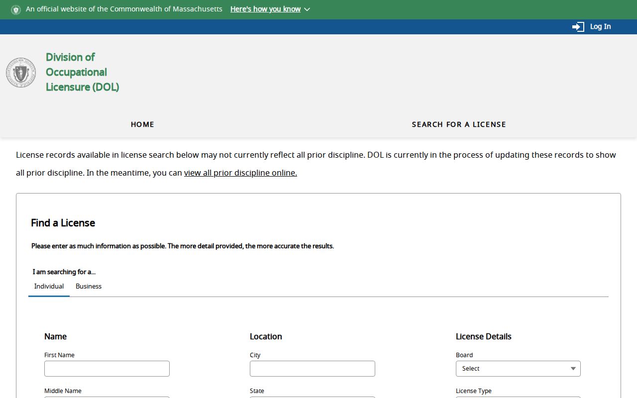 Randolph residents directory Massachusetts professional license search route