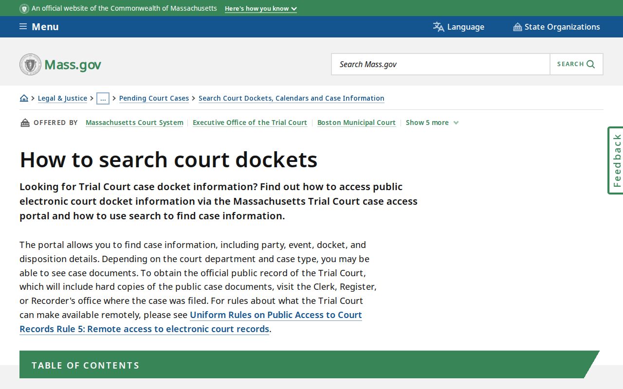 Randolph resident lookup reference showing Massachusetts court docket search instructions