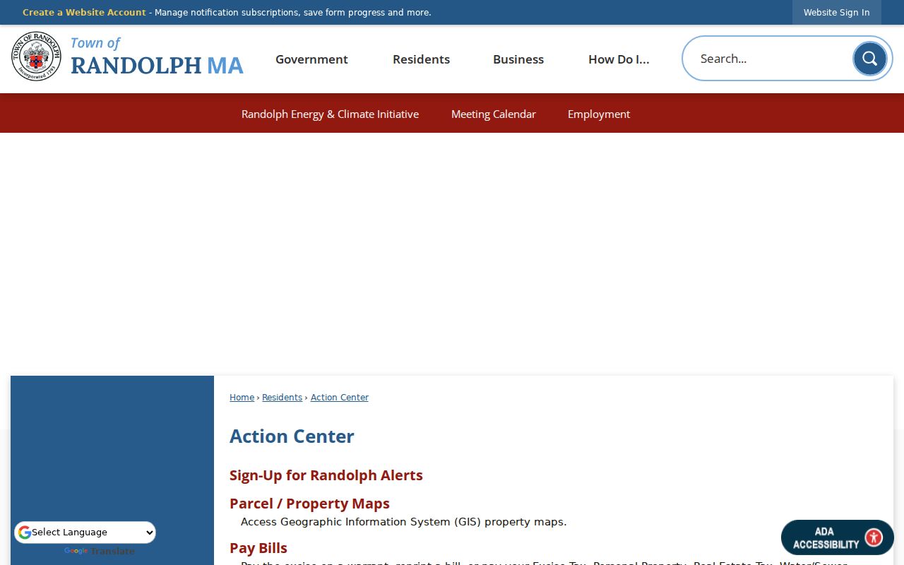 Randolph street directory Action Center links for property, GIS, permits, and payment services