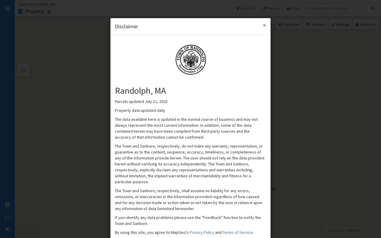 Randolph street directory MapGeo parcel viewer with parcel boundaries and nearby lots