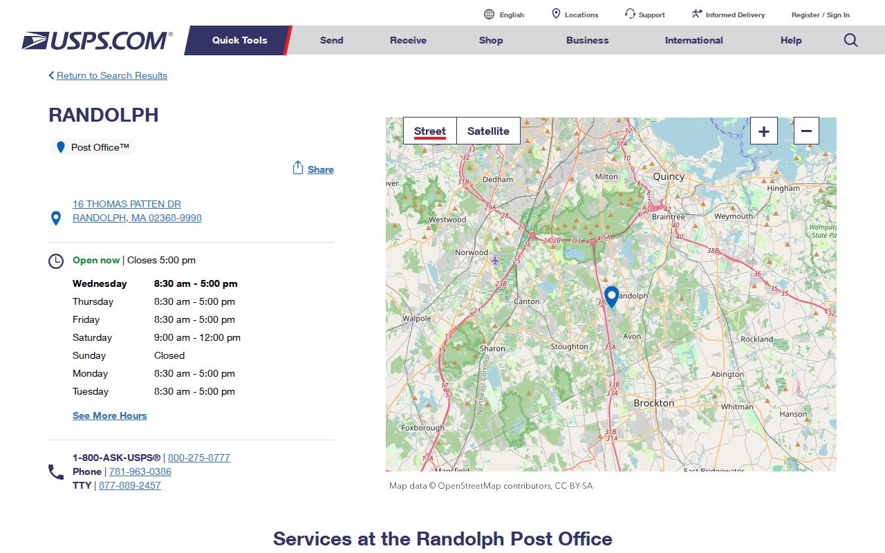 Randolph ZIP code directory source showing official USPS Randolph Post Office details