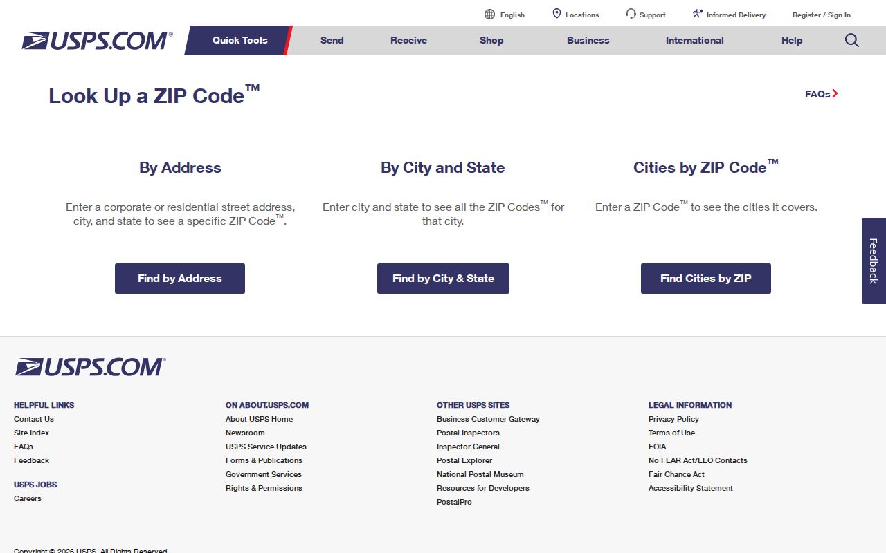 Randolph ZIP code directory source showing USPS address, city and state, and ZIP lookup modes
